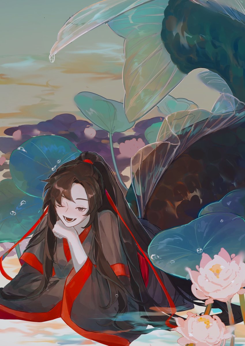 1boy black_scales brown_eyes brown_hair chinese_clothes fins flower full_body hair_ribbon head_on_hand head_rest high_ponytail highres lily_(flower) long_hair long_sleeves looking_at_viewer lotus lying male_focus merman modao_zushi monster_boy monsterification on_stomach open_mouth outdoors pink_flower pond ponytail red_ribbon ribbon scales sidelocks solo water_drop wei_wuxian whale_52hz_o wide_sleeves