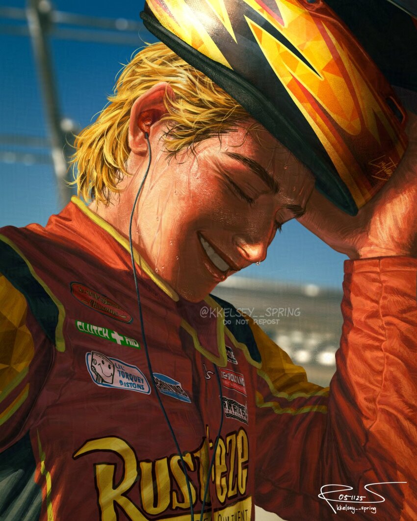 1boy blonde_hair blue_sky cars_(movie) closed_eyes commentary day earbuds earphones english_commentary helmet highres holding holding_helmet in-ear_earphones jacket kkelsey_spring lightning_mcqueen male_focus outdoors personification realistic red_jacket short_hair signature sky smile solo sportswear sweat teeth upper_body
