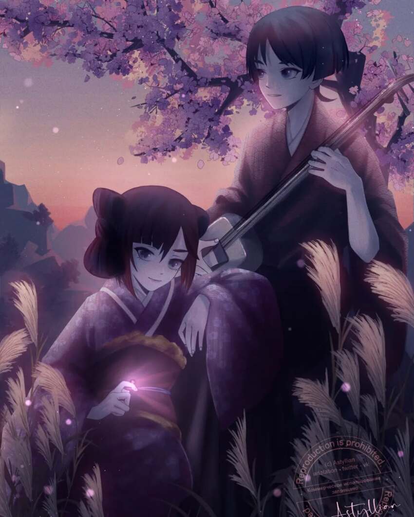 1boy 1girl alternate_costume alternate_hairstyle arm_up astyllian bachi black_hair blunt_bangs blunt_ends brown_kimono brown_sleeves cherry_blossoms couple dusk falling_petals fingernails floral_print genshin_impact grass hair_between_eyes han&#039;eri hetero highres instrument japanese_clothes kimono koto_(instrument) layered_kimono leaning_on_person long_sleeves looking_at_viewer looking_to_the_side lower_eyelashes_only mizura mona_(genshin_impact) mountainous_horizon music obi obiage obijime open_hand orange_sky outdoors parted_bangs parted_lips petals playing_instrument plectrum purple_eyes purple_kimono purple_lips purple_sleeves sanpaku sash scaramouche_(genshin_impact) shamisen short_hair sidelocks sitting sky three-quarter_sleeves smile star_(sky) starry_sky tall_grass white_kimono white_mouth