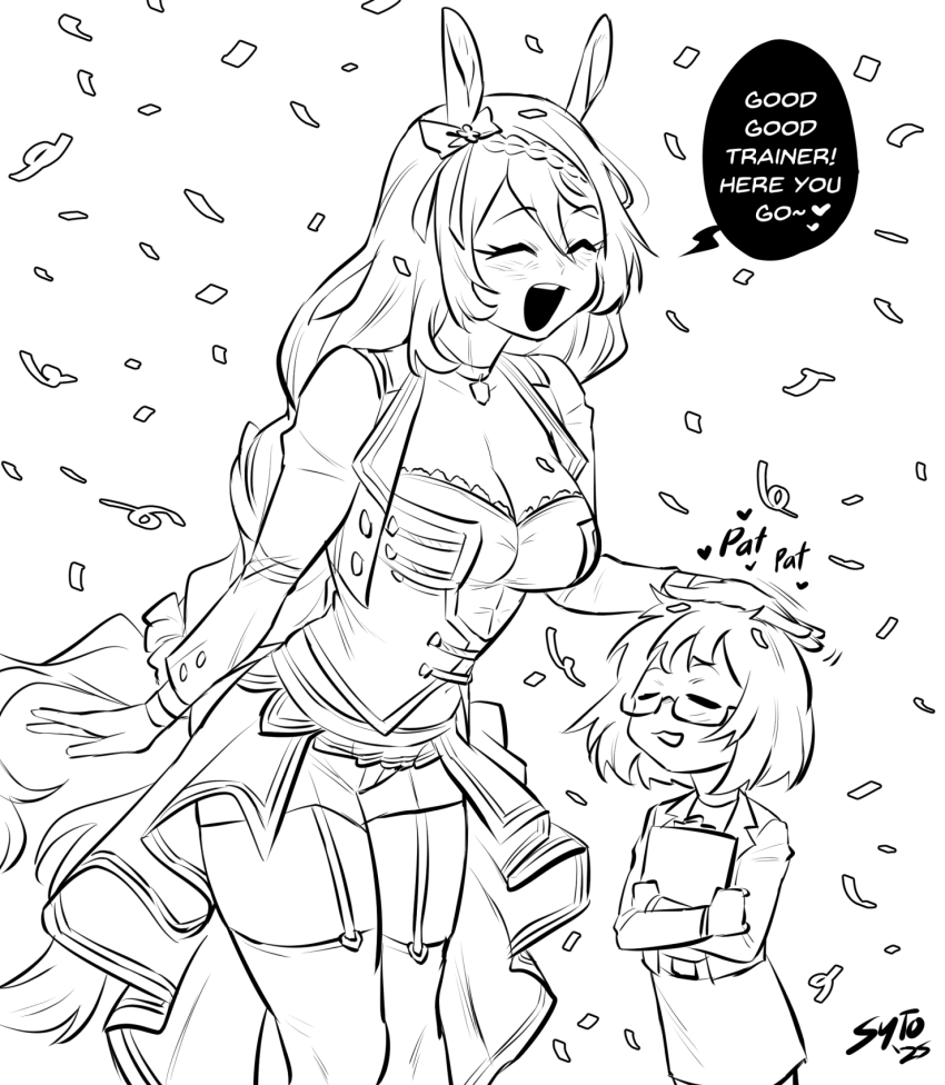 2girls animal_ears blush braid english_text female_trainer_(umamusume) glasses hair_between_eyes highres horse_ears horse_girl long_hair multiple_girls open_mouth petting size_difference smile super_creek_(umamusume) sytokun trainer_(umamusume) umamusume