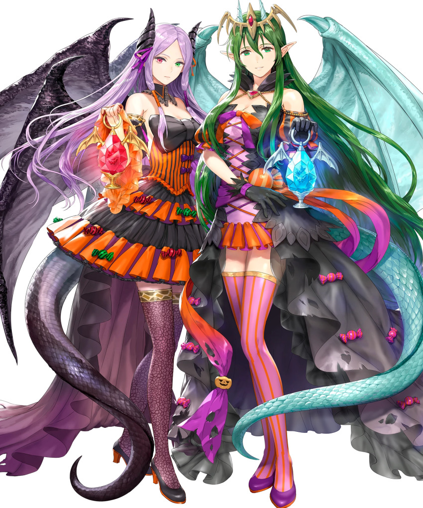 2girls alternate_costume black_gloves breasts candy cleavage costume dragon_girl dragon_tail dragon_wings dress female_focus fire_emblem fire_emblem:_new_mystery_of_the_emblem fire_emblem:_shadow_dragon fire_emblem:_the_binding_blade fire_emblem_heroes food frilled_dress frilled_skirt frills full_body gloves green_eyes green_hair halloween halloween_costume heterochromia high_heels highres idunn_(fire_emblem) idunn_(halloween)_(fire_emblem) in-franchise_crossover jack-o&#039;-lantern large_breasts long_hair matching_hair/eyes multiple_girls nagi_(fire_emblem) nagi_(halloween)_(fire_emblem) nintendo non-web_source official_alternate_costume official_art pointy_ears red_eyes skirt standing striped_clothes striped_thighhighs tail thighhighs trait_connection wings zettai_ryouiki