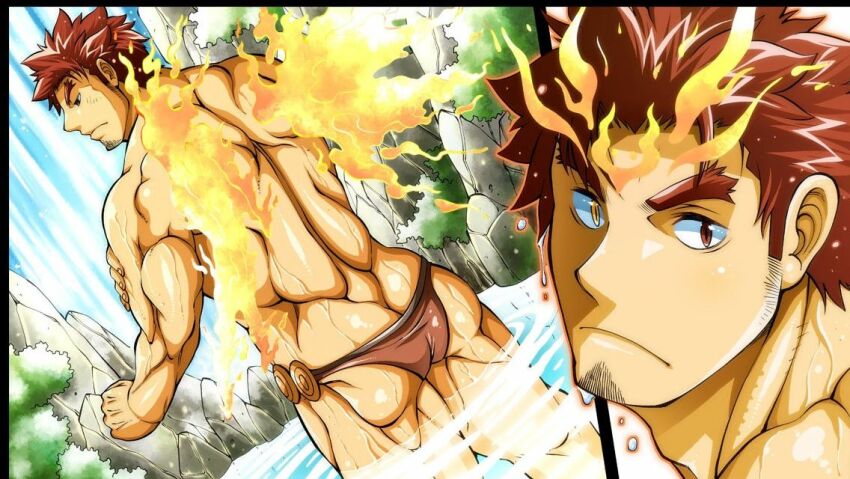 1boy bara bathing black_border bombom border brown_male_swimwear facial_hair fafnir_(f-kare) feet_out_of_frame fiery_wings fire forked_eyebrows from_behind game_cg goatee_stubble heterochromia long_sideburns male_focus male_swimwear multiple_views muscular muscular_male official_art partially_submerged red_eyes red_hair short_hair shoukan_yuusha_to_f-kei_kareshi sideburns stubble thick_eyebrows topless_male water water_drop waterfall wings yellow_eyes