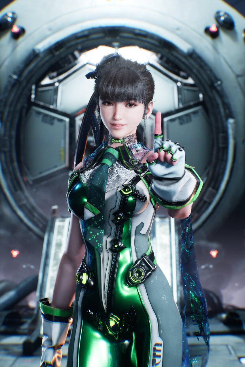 1girl 3d blunt_bangs bodysuit brown_eyes countdown eve_(stellar_blade) fingerless_gloves gloves green_bodysuit green_necktie highres looking_at_viewer multicolored_bodysuit necktie official_art planet_diving_suit_(7th)_(stellar_blade) ponytail science_fiction smile stellar_blade