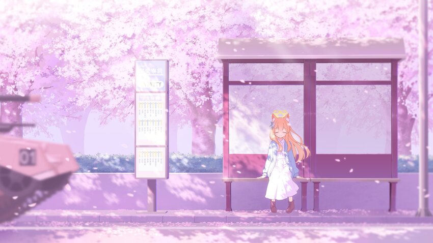1girl alternate_costume animal_ear_fluff animal_ears blue_archive blue_jacket brown_shoes bus_stop bush buttons cat_ears cat_girl cherry_blossoms cherry_tree closed_eyes closed_mouth collared_dress dappled_sunlight day dress facing_viewer falling_petals floating_hair flower hair_flower hair_ornament halo hand_on_bench highres jacket long_hair long_sleeves mari_(blue_archive) military_vehicle motor_vehicle on_bench orange_hair outdoors petals road scenery shoes sidewalk sitting smile solo street sunlight tank tree white_dress white_flower yellow_halo yuma_(lyq_yume)