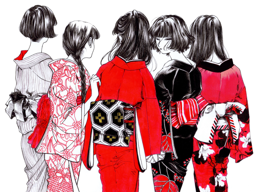 5girls absurdres ameishi back_bow black_kimono bow braid commentary_request feet_out_of_frame floral_print floral_print_kimono from_behind grey_kimono half_updo highres japanese_clothes kimono long_hair long_sleeves looking_at_viewer looking_back medium_hair millipen_(medium) multiple_girls obi obijime original pen_(medium) print_kimono red_kimono sash short_hair single_braid traditional_media white_background white_kimono wide_sleeves