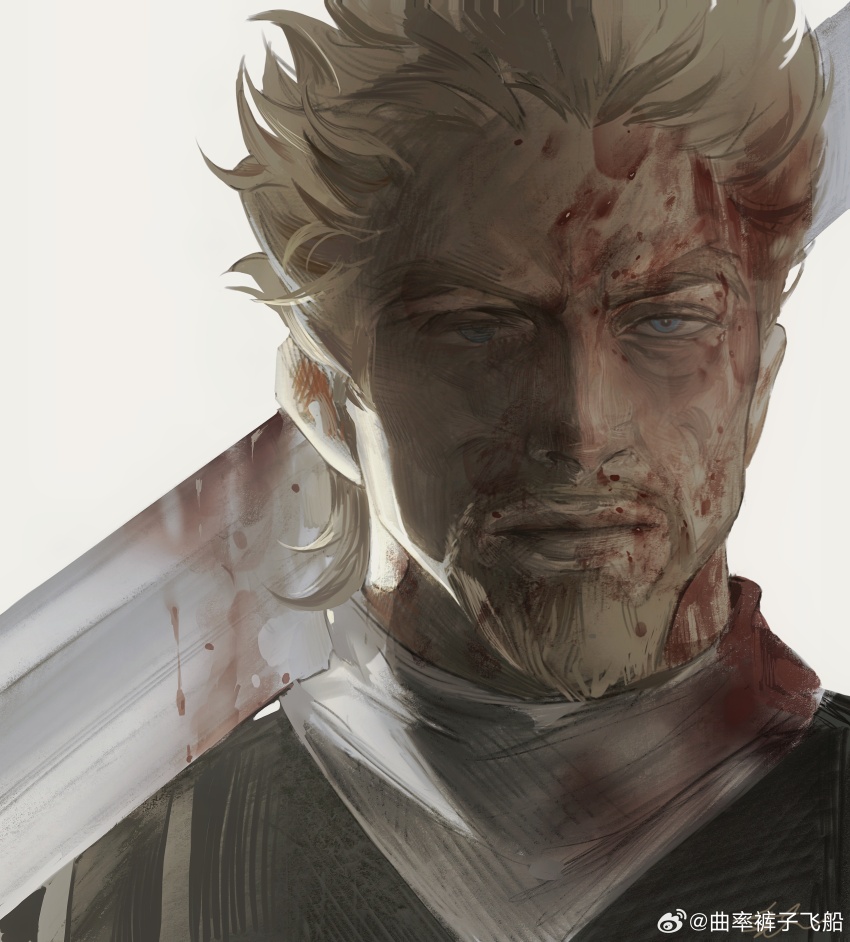 1boy absurdres askeladd backlighting beard black_shirt blonde_facial_hair blonde_hair blood blood_in_hair blood_on_clothes blood_on_face bloody_weapon blue_eyes closed_mouth expressionless facial_hair goatee highres looking_at_viewer male_focus mature_male over_shoulder portrait qvlv_kuzi_feichuan scarf shirt short_hair signature simple_background solo sword viking vinland_saga weapon weapon_over_shoulder white_background white_scarf