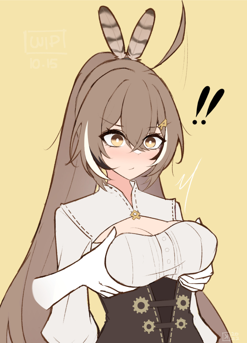 ! !! 1girl 1other ahoge arms_at_sides blush breasts bright_pupils brown_corset brown_eyes brown_hair cleavage cleavage_cutout closed_mouth clothing_cutout corset covered_erect_nipples crossed_bangs disembodied_hand feather_hair_ornament feathers gears grabbing_another&#039;s_breast grabbing_from_behind groping hair_between_eyes hair_ornament hairclip highres hololive hololive_english long_hair long_sleeves looking_ahead m_r_b medium_breasts multicolored_hair nanashi_mumei nanashi_mumei_(1st_costume) narrowed_eyes ponytail runes shirt sidelocks simple_background streaked_hair surprised thick_eyelashes unfinished upper_body very_long_hair virtual_youtuber white_shirt wide-eyed yellow_background