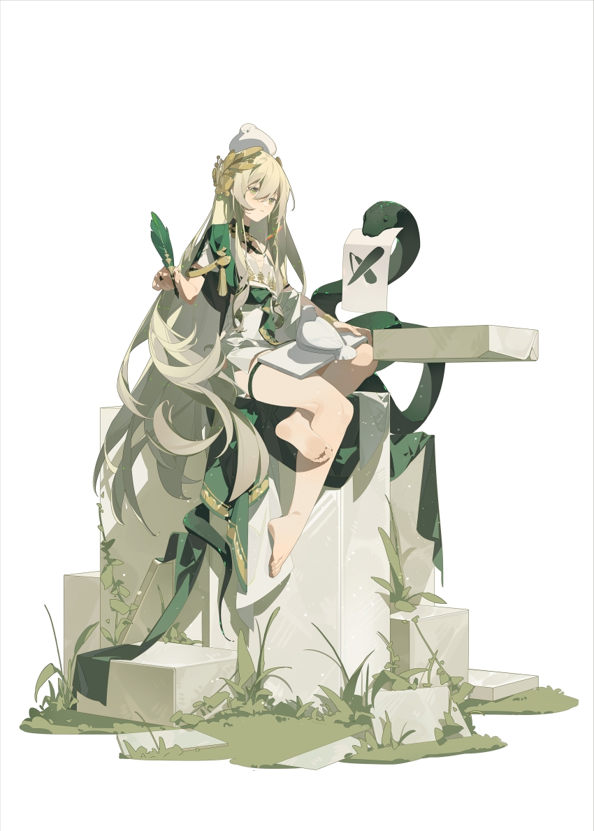 1girl absurdres animal animal_on_head animal_request armlet bare_legs barefoot bird bird_on_head bird_on_lap blonde_hair bracelet chest_sarashi chinese_commentary commentary drawing_(object) dress feet floating_rock full_body gold_bracelet grass green_eyes green_shawl green_snake hair_between_eyes halterneck highres holding holding_quill jewelry laurel_crown legs lens_flare long_hair looking_at_viewer making-of_available official_art on_head on_rock paper plant plantar_flexion punishing:_gray_raven quill ring rock sarashi shawl short_dress short_sleeves signa_(pgr) sitting snake soles solo stone_tablet tachi-e thigh_strap toe_scrunch toenails toes v-neck very_long_hair vines white_background white_bird white_dress wusu_(owusuo)