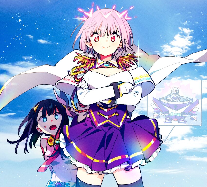 alexis_kerib alexis_kerib_(new_order) black_hair blue_eyes breasts cha-handaisuki cleavage company_connection epaulettes frilled_skirt frills gloves gridman_universe gridman_universe_(movie) highres large_breasts long_hair looking_at_viewer multiple_girls open_mouth purple_hair purple_skirt red_eyes shinjou_akane shinjou_akane_(new_order) shirt short_hair skirt sleeveless smile sweatdrop takarada_rikka tengen_toppa_gurren_lagann thighhighs trigger_(company) white_gloves