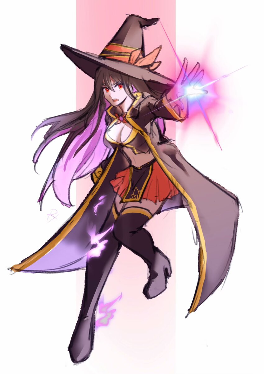 1girl black_boots black_coat black_hair black_hat black_vest boots breasts cleavage coat full_body hashtag-only_commentary hat highres hood hood_down hooded_coat idola_avorn large_breasts long_hair multicolored_hair purple_hair red_eyes red_skirt sentai_red_ga_isekai_de_boukensha_ni_naru simple_background skirt solo thigh_boots two-tone_hair vest white_background witch witch_hat xirenl