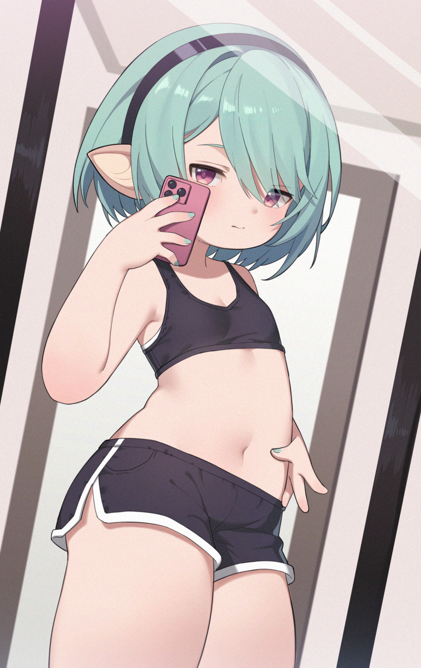 1girl ashguero black_hairband black_shorts black_sports_bra blue_hair blue_nails breasts cellphone chinese_commentary closed_mouth commentary_request cowboy_shot dolphin_shorts final_fantasy final_fantasy_xiv full-length_mirror hairband highres holding holding_phone lalafell looking_at_viewer mirror mirror_selfie nail_polish navel phone pink_eyes pointy_ears reflection reflection_focus selfie short_shorts shorts small_breasts smartphone solo sports_bra warrior_of_light_(ff14)