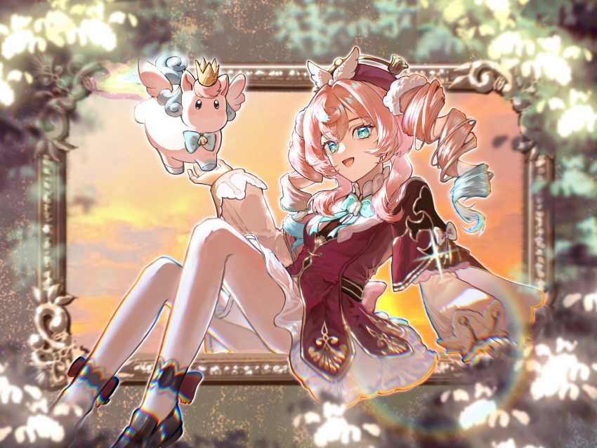 1girl aqua_eyes aqua_hair black_pantyhose black_shoes breasts chinese_commentary commentary_request dress drill_hair hat highres honkai:_star_rail honkai_(series) hyacine_(honkai:_star_rail) little_ica_(honkai:_star_rail) multicolored_hair open_mouth pantyhose pink_hair procreate_(medium) red_dress red_hat shaxiaogou shoes small_breasts twin_drills twintails two-tone_hair