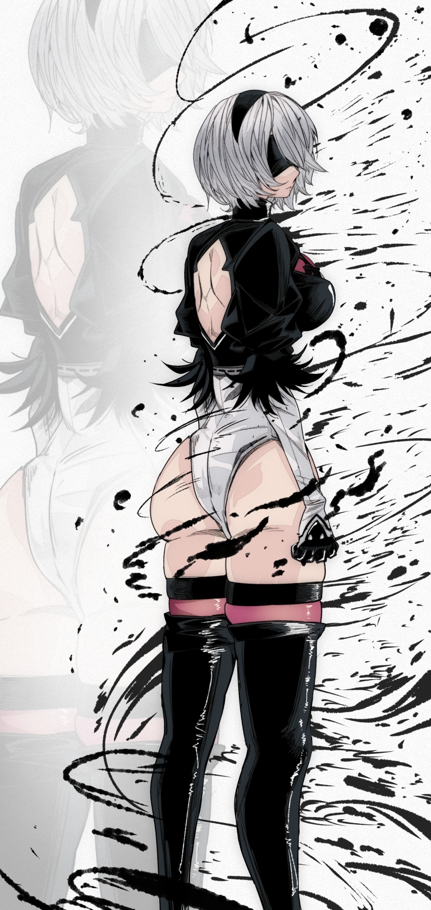 1girl 2b_(nier:automata) absurdres ass bare_back black_boots black_gloves black_hairband black_shirt black_thighhighs blindfold boots breasts commentary_request from_behind gloves grey_hair hairband highres kinakomochi_(user_vedc2333) leotard medium_breasts nier:automata nier_(series) puffy_sleeves shirt short_hair short_sleeves solo square_enix standing thick_thighs thigh_boots thighhighs thighs white_background white_leotard zoom_layer