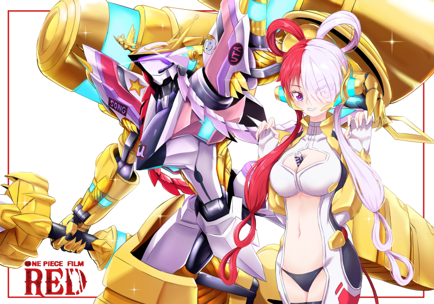 1girl between_breasts bodysuit breasts cleavage cleavage_cutout clothing_cutout dress fingerless_gloves gloves hair_over_one_eye headphones highres large_breasts long_hair mecha medium_breasts multicolored_hair navel one_piece one_piece_film:_red panties purple_eyes red_hair robot solo split-color_hair tagme two-tone_hair underwear uta_(one_piece) white_hair zerokun135