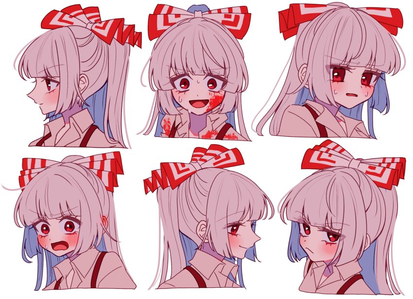 1girl blood blood_on_clothes blood_on_face blush bow closed_mouth collared_shirt commentary ear_blush fujiwara_no_mokou grey_hair grey_shirt hair_bow highres long_hair looking_at_viewer multiple_expressions multiple_views open_mouth red_eyes shirt smile suspenders sweat ta_mi_01000 touhou