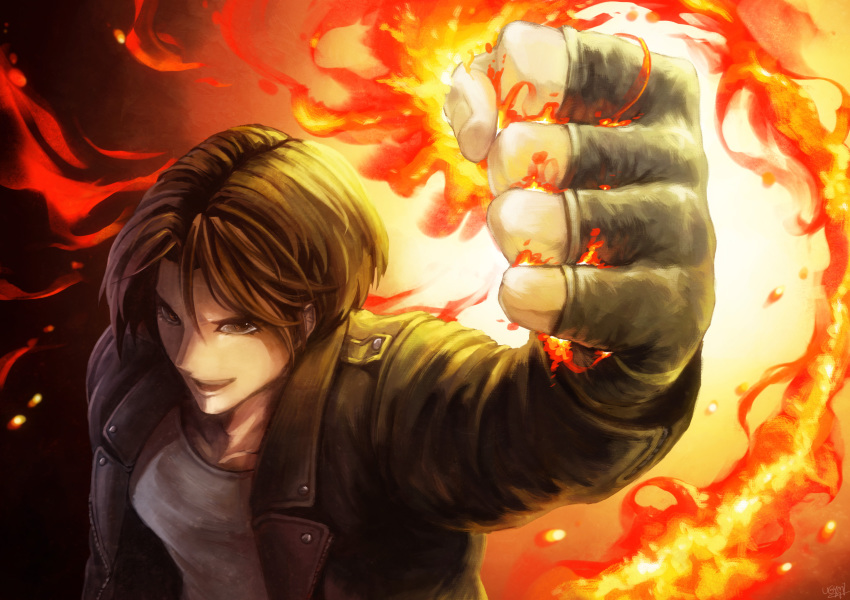 1boy absurdres brown_eyes brown_hair clenched_hand fingerless_gloves fire food_fighter_441 gloves highres jacket kusanagi_kyou male_focus open_mouth pyrokinesis shirt short_hair snk solo t-shirt the_king_of_fighters the_king_of_fighters_xiii