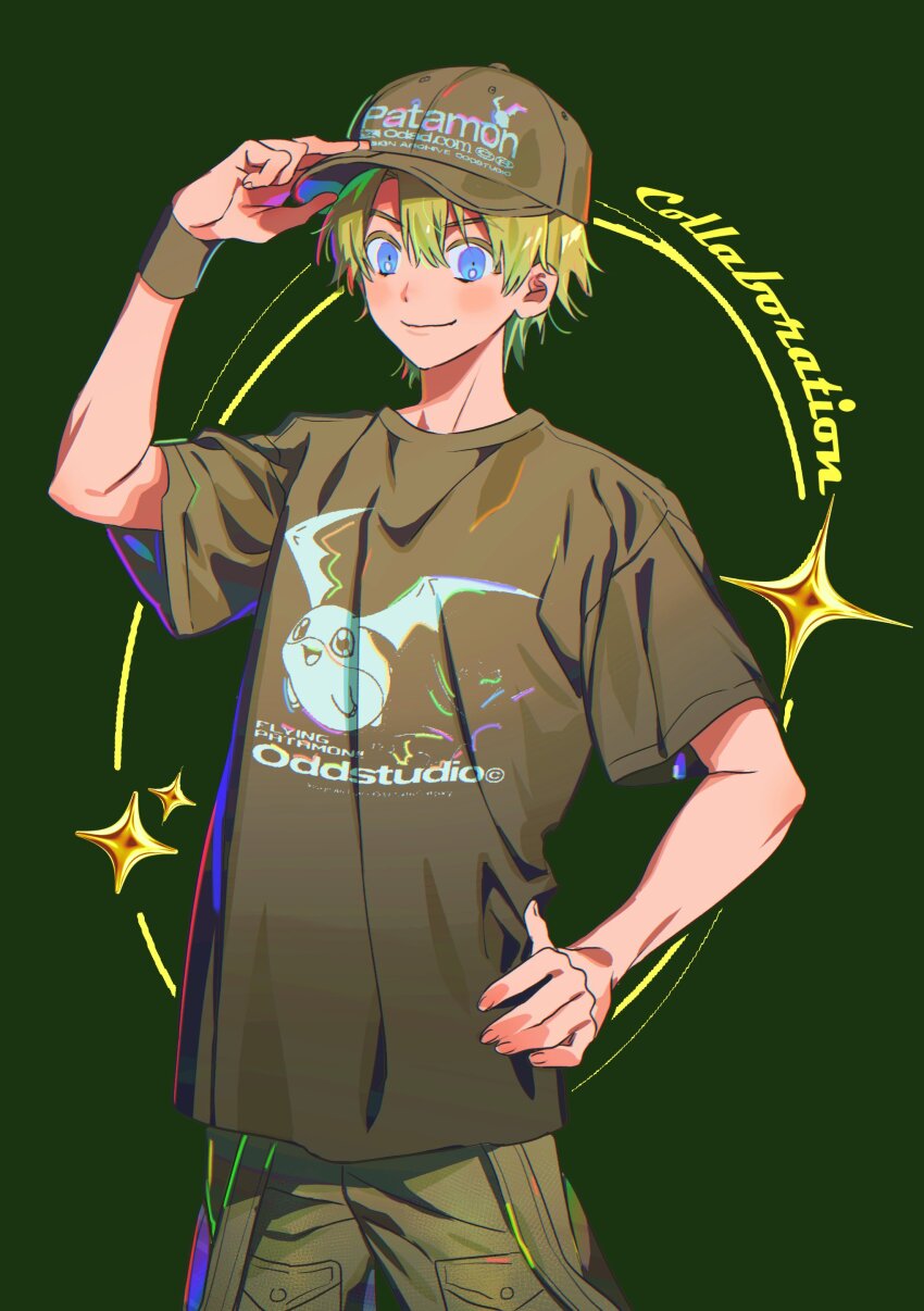 1boy absurdres baseball_cap blonde_hair blue_eyes cowboy_shot digimon green_background green_hat green_shirt hat highres male_focus ojing_oppa_(o_b_s_00) patamon shirt simple_background solo takaishi_takeru