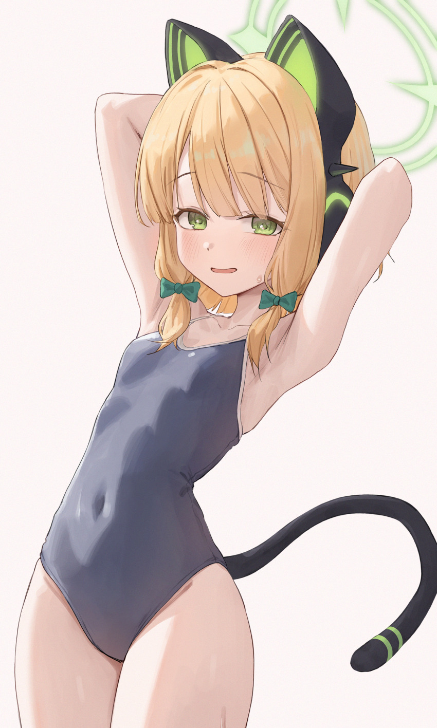 1girl absurdres alternate_costume animal_ear_headphones animal_ears armpit_focus armpits arms_behind_head arms_up blonde_hair blue_archive blue_one-piece_swimsuit blush bow breasts cat_ear_headphones cat_ears cat_tail collarbone covered_navel cowboy_shot fake_animal_ears fake_tail green_bow green_eyes green_halo hair_bow halo headphones highres huge_filesize loli looking_at_viewer midori_(blue_archive) one-piece_swimsuit open_mouth parted_lips presenting_armpit school_swimsuit short_hair sidelocks simple_background small_breasts small_sweatdrop smile solo springrain_06 sweatdrop swimsuit tail white_background