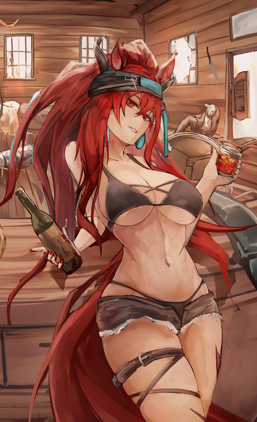 1girl absurdres animal_ears arknights bare_shoulders breasts crossed_bangs earrings hair_between_eyes highres holding jewelry kisumun long_hair looking_at_viewer narantuya_(arknights) navel red_hair red_tail shorts smile solo tail