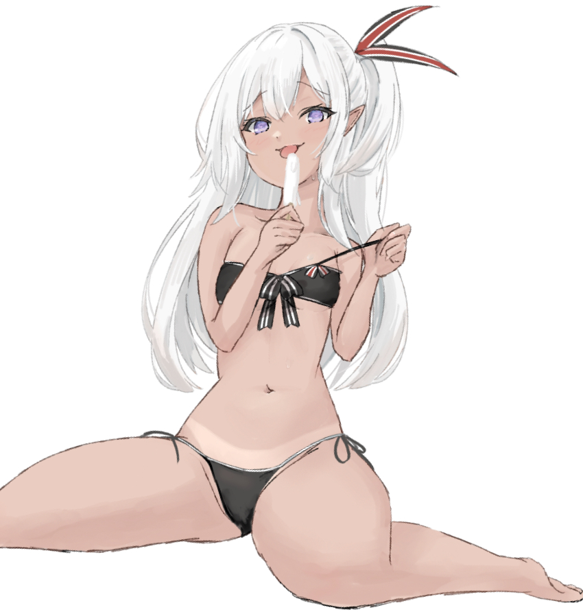 1girl :p azur_lane bikini black_bikini breasts food front-tie_bikini_top front-tie_top hair_between_eyes hair_ribbon highres holding holding_food holding_popsicle licking long_hair looking_at_viewer mumei_shumi navel popsicle purple_eyes ribbon side-tie_bikini_bottom side_ponytail sitting small_breasts smug solo spread_legs swimsuit tan tanline teasing thighs tongue tongue_out u-31_(azur_lane) very_long_hair white_hair