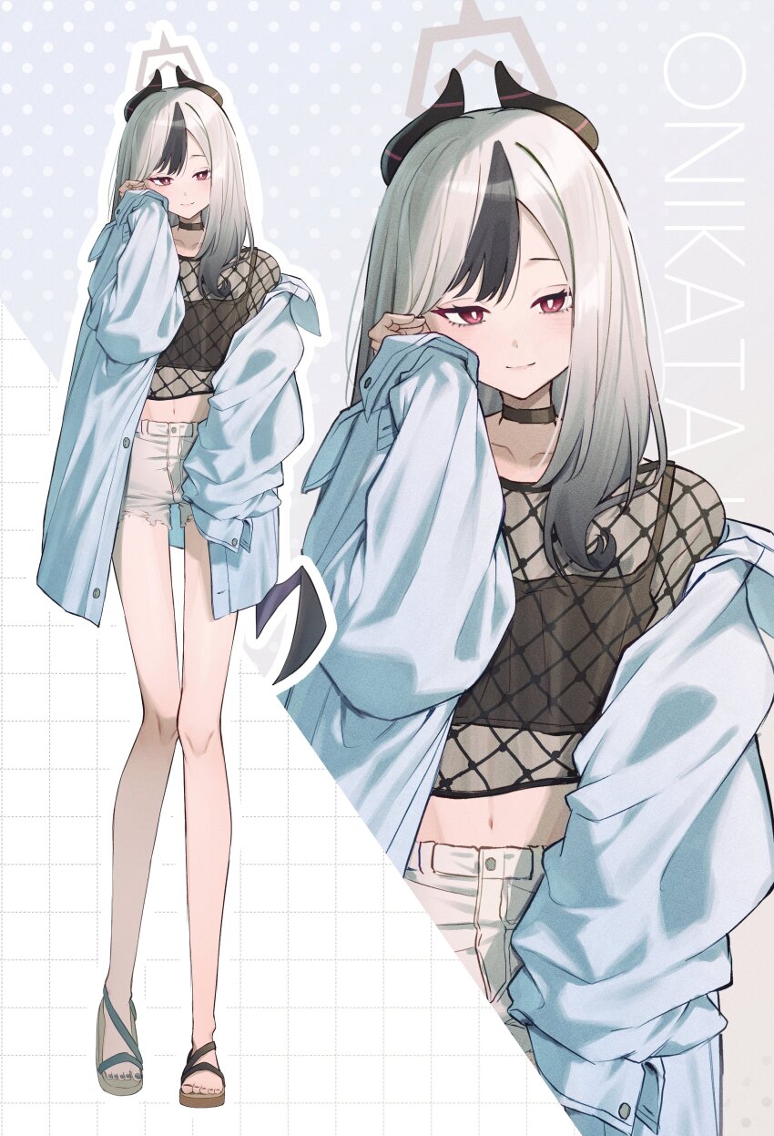 1girl absurdres alternate_costume black_camisole black_choker black_horns blue_archive camisole choker demon_horns fishnets grey_halo halo highres horns isana615 kayoko_(blue_archive) multicolored_hair shorts solo two-tone_hair white_shorts