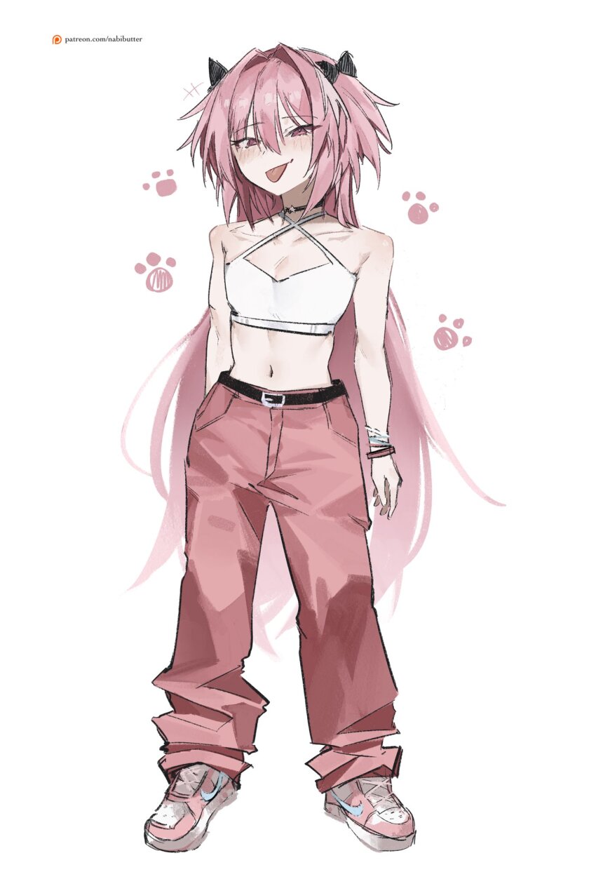 1boy alternate_costume astolfo_(fate) bracelet crop_top fate/grand_order fate_(series) full_body highres jewelry long_hair multicolored_hair navel pink_hair pink_shoes purple_eyes shoes sneakers solo tongue tongue_out trap white_hair xcider