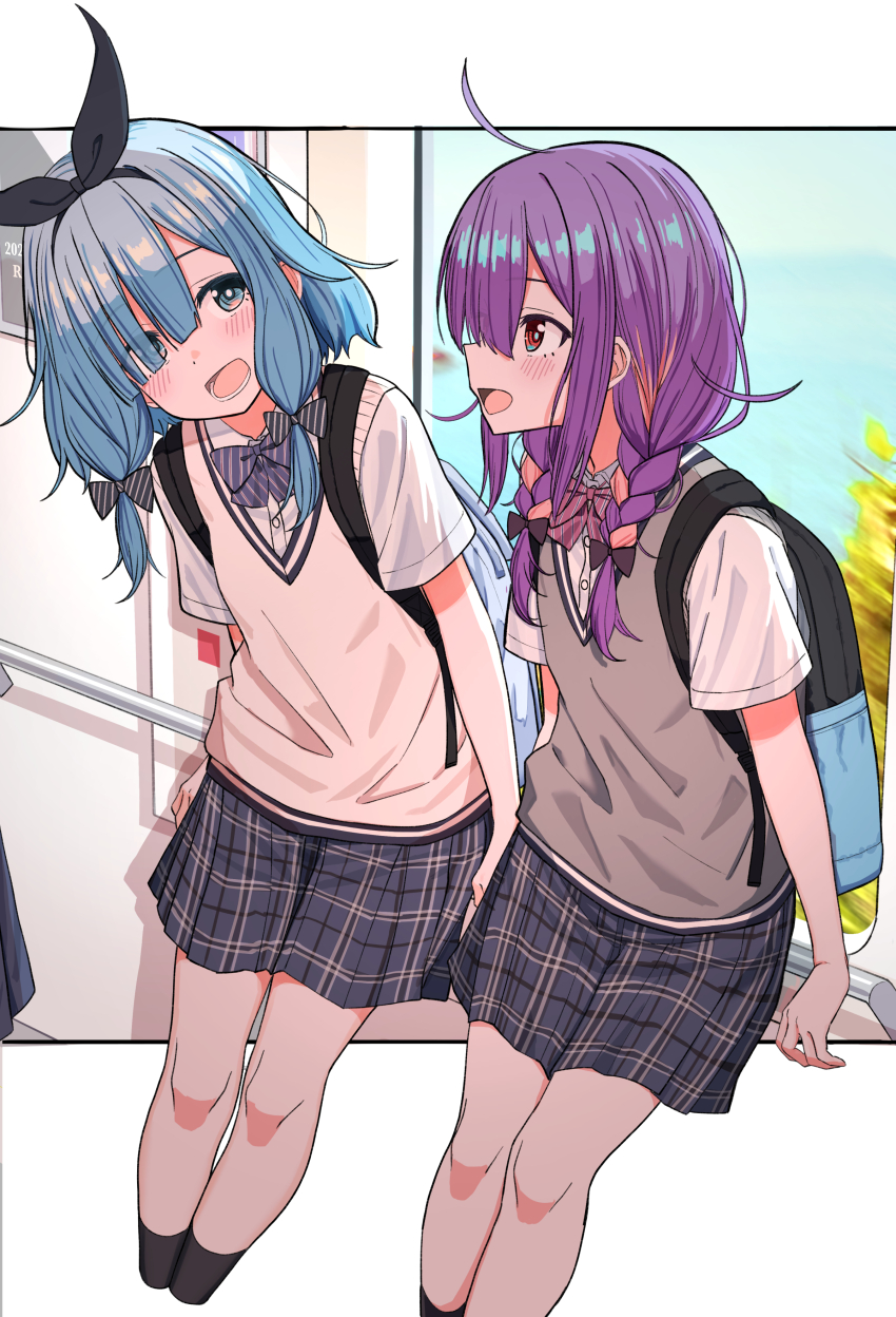 2girls absurdres backpack bag black_hairband black_socks blue_hair blue_ribbon braid grey_vest hairband highres looking_at_another low_twintails multiple_girls open_mouth original plaid_clothes plaid_skirt pleated_skirt purple_hair purple_ribbon ribbon school_uniform shirt skirt socks train train_interior twin_braids twintails urushiushiru vest white_shirt yellow_vest