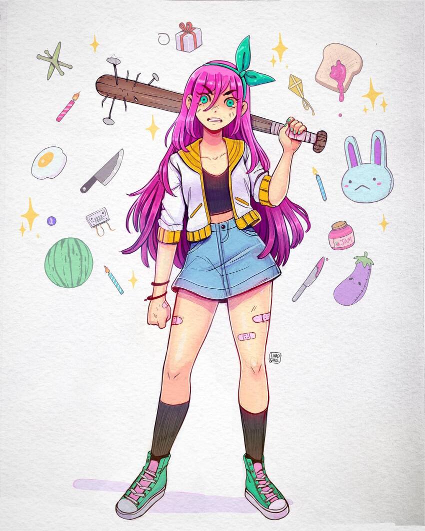 1girl aqua_eyes aqua_hairband aqua_nails aubrey_(faraway)_(omori) aubrey_(omori) bandaid bandaid_on_hand bandaid_on_thigh baseball_bat black_socks box bread butter_knife candle cassette_tape clenched_hand clenched_teeth commentary contrapposto denim denim_skirt egg_(food) english_commentary food fruit gift gift_box hairband high-waist_skirt highres holding holding_baseball_bat kitchen_knife kite long_hair lord_griselda midriff miniskirt mismatched_eyebrows mr._plantegg_(omori) nail nail_(hardware) nail_bat omori pink_hair shoes signature skirt sneakers socks solo teeth traditional_media v-shaped_eyebrows watermelon wristband