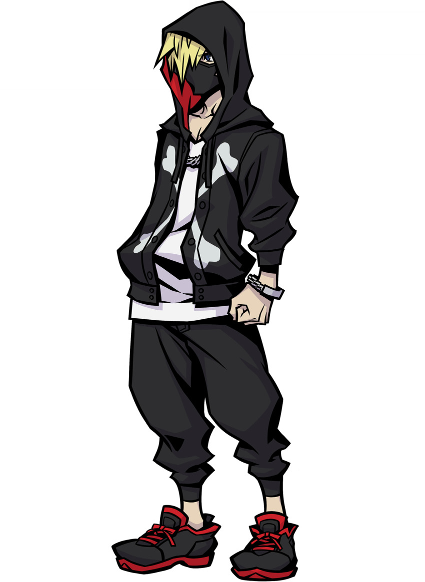 1boy bito_daisukenojo black_hoodie black_pants blonde_hair blouse blue_eyes chain chain_necklace full_body headphones highres hood hood_up hoodie jewelry mask medium_hair mouth_mask necklace nomura_tetsuya official_art pants shin_subarashiki_kono_sekai shirt solo subarashiki_kono_sekai transparent_background white_shirt