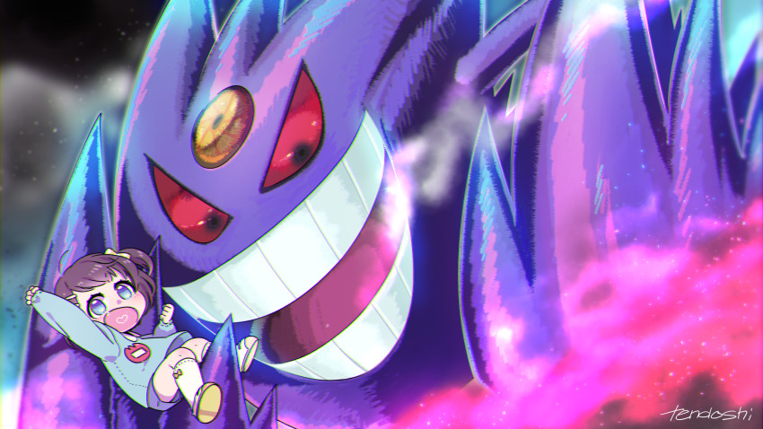 1girl 1other arm_up blue_eyes bow bow_legwear brown_hair clenched_hand eyelashes gen_1_pokemon gengar hair_bow heart heart_in_mouth highres kindergarten_uniform looking_at_viewer mega_gengar mega_pokemon nintendo one_side_up open_mouth pokemon pokemon_(creature) preschooler_(pokemon) red_eyes signature size_difference socks teeth tendoshi third_eye white_footwear white_socks