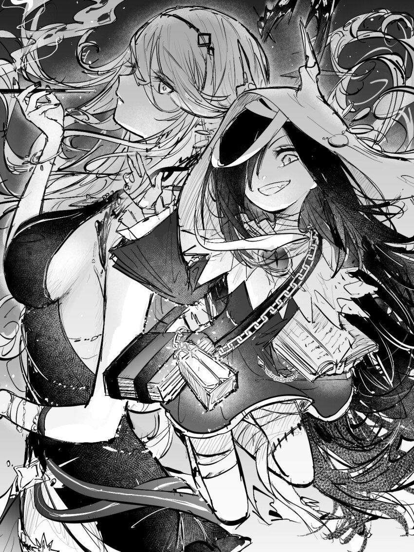 2girls black_dress black_hair breasts capelet covered_eyes dress hair_over_one_eye heaven_burns_red highres hood hooded_capelet kulfiq large_breasts long_hair monochrome multiple_girls sakuraba_seira smoking_pipe tenne_miko very_long_hair