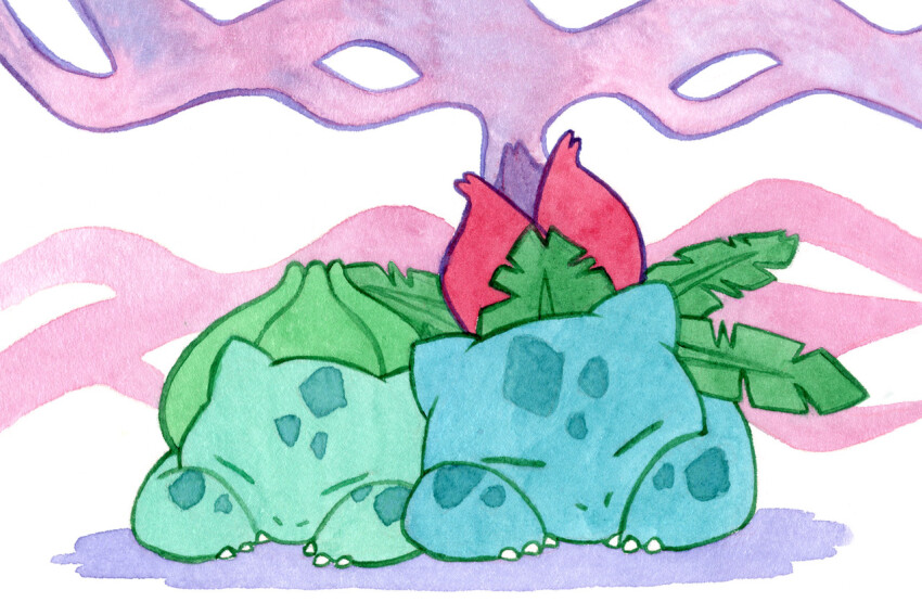 animal_focus bulbasaur claws closed_eyes closed_mouth colored_smoke commentary english_commentary evolutionary_line full_body gen_1_pokemon ivysaur light_bulb nintendo no_humans nostrils painting_(medium) pokemon pokemon_(creature) queensnopea sleeping smoke spoken_light_bulb traditional_media watercolor_(medium) white_background