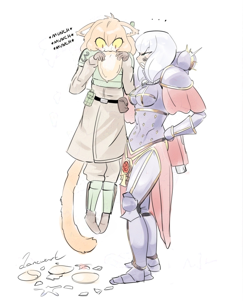 2girls adepta_sororitas angry animal_ears armor bolter broken_plate cat_ears cat_girl d4ncwart explosive felinid food grenade gun highres lifting_person military_uniform multiple_girls orange_hair pancake plate pouch power_armor signature sound_effects warhammer_40k weapon white_hair yellow_eyes