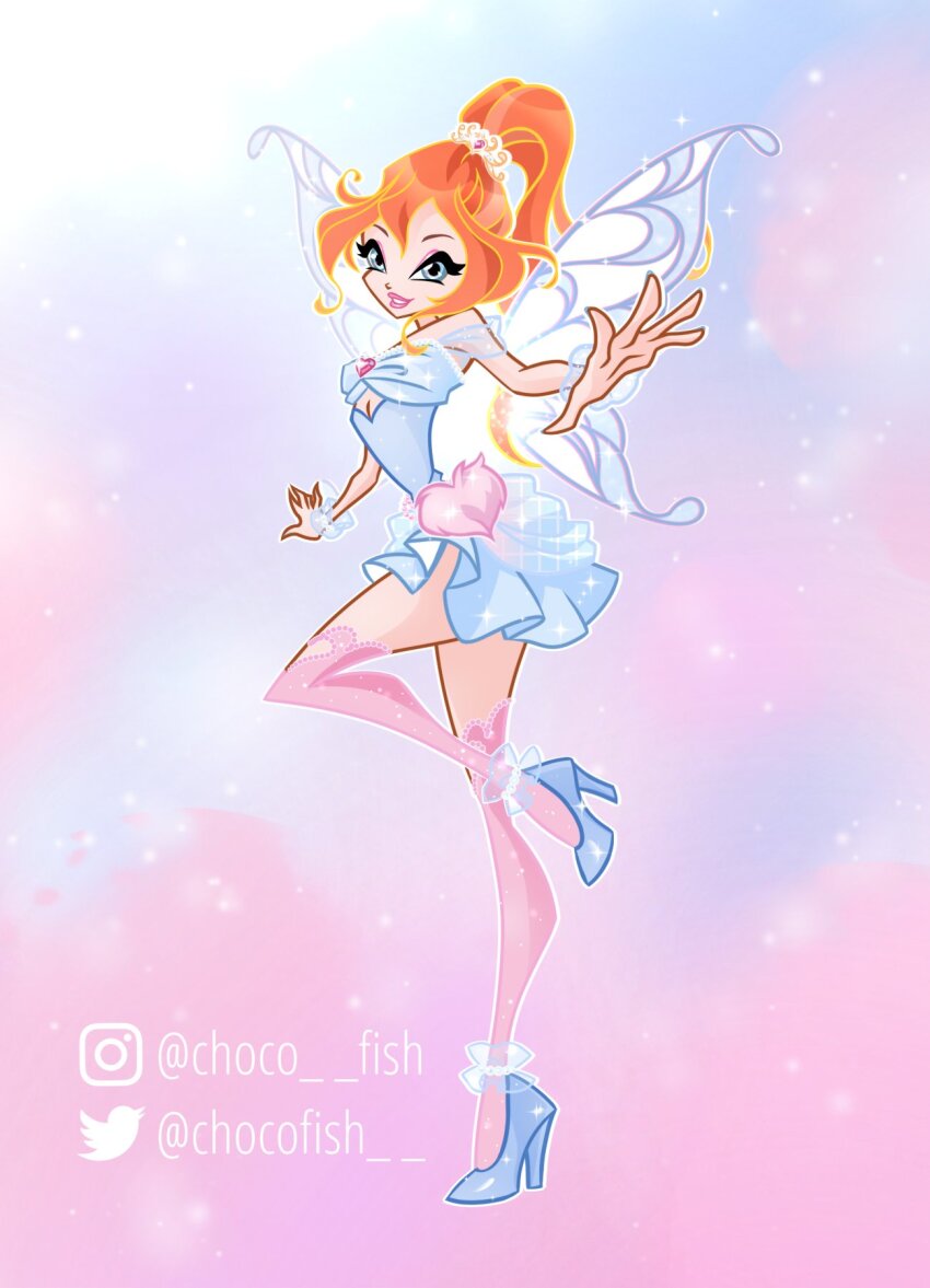 1girl alternate_costume anklet bad_id bad_twitter_id bead_anklet beads bloom_(winx_club) blue_background blue_dress blue_eyes blue_shoes blue_wings blue_wrist_cuffs breasts chest_jewel chocofish cleavage cleavage_cutout clothing_cutout commentary dress eyelashes eyeshadow fairy fairy_wings frilled_anklet full_body fur_bag gem glitter gold_tiara happy heart-shaped_bag heart-shaped_gem heart_cutout high_heels high_ponytail highres instagram_username jewelry leg_up light_particles lipstick long_hair magical_girl makeup off-shoulder_dress off_shoulder orange_hair outline outstretched_arms parted_lips pink_background pink_bag pink_eyeshadow pink_gemstone pink_lips pink_thighhighs pleated_dress ponytail see-through_clothes see-through_sleeves see-through_wrist_cuffs shoes short_dress short_sleeves smile solo sparkle standing thigh_cutout thighhighs twitter_username two-tone_background waist_bag watermark white_outline wings winx_club wrist_cuffs