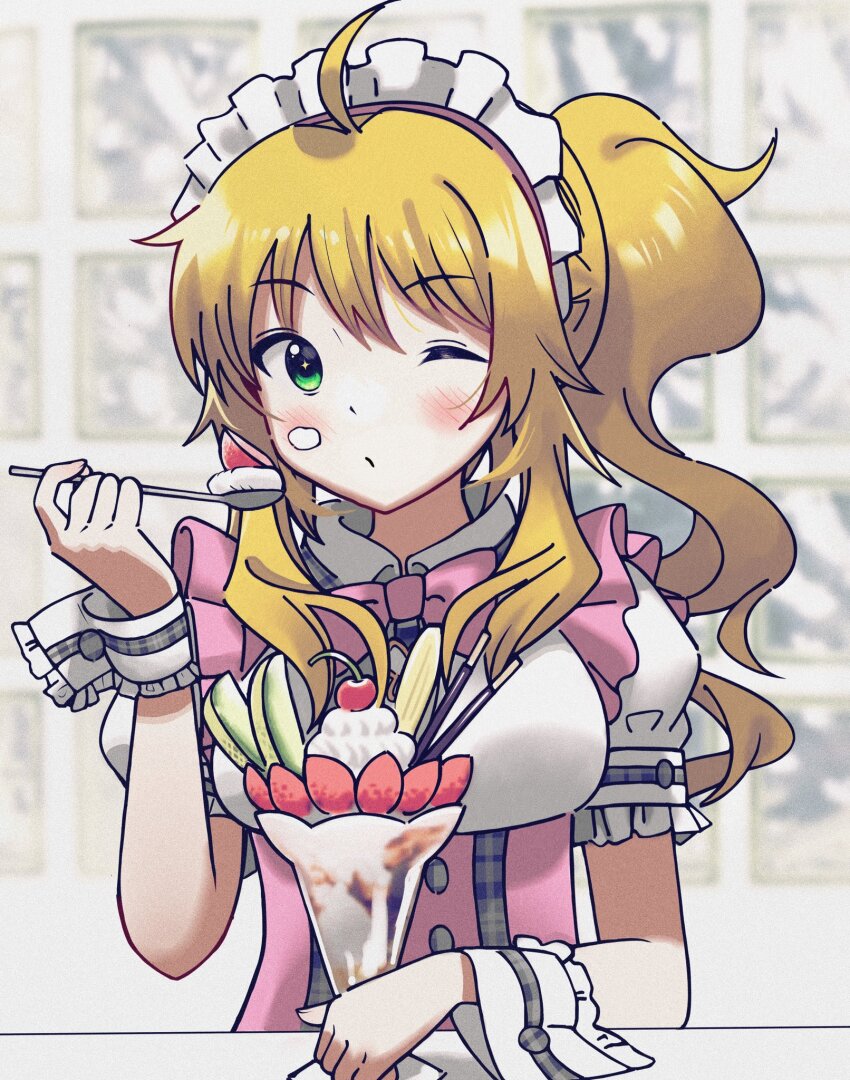 1girl ahoge anman_(yxwu7733) blonde_hair blush bow bowtie breasts cherry closed_mouth dress food food_on_face frills fruit green_eyes highres holding holding_spoon hoshii_miki idolmaster idolmaster_(classic) idolmaster_million_live! idolmaster_million_live!_theater_days long_hair looking_at_viewer maid one_eye_closed parfait pink_bow pink_bowtie pink_dress pocky ponytail pretty_waitress_(idolmaster) puffy_short_sleeves puffy_sleeves short_sleeves solo spoon strawberry table waitress white_wrist_cuffs wrist_cuffs