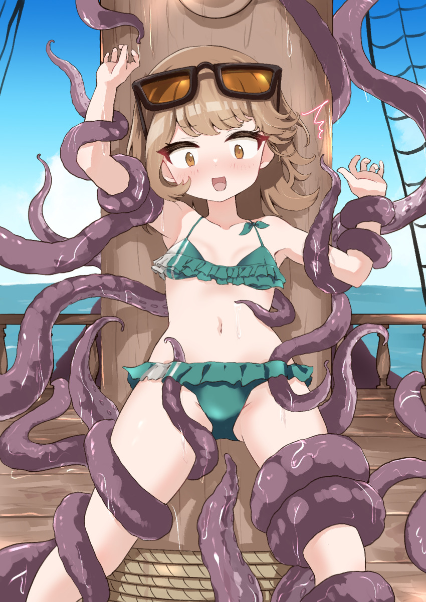 1girl ^^^ against_pillar alternate_costume arms_up bare_arms bikini blue_sky blush breasts brown_eyes brown_hair cloud eyewear_on_head feet_out_of_frame frilled_bikini frills green_bikini hands_up highres horizon kurosaki_kousuke looking_down navel ocean open_mouth orange-tinted_eyewear outdoors paid_reward_available railing regulus_(reverse:1999) restrained reverse:1999 short_hair sky small_breasts solo sunglasses swimsuit tentacles tentacles_under_clothes tinted_eyewear wooden_floor