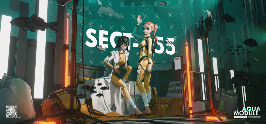 2girls absurdres backpack bag barefoot black_hair bodysuit breasts brown_hair clipboard closed_mouth commentary english_commentary english_text faiz_azhar fish full_body glasses highres holding holding_clipboard indoors lab_coat lanyard long_hair looking_at_viewer multiple_girls original pointy_ears ponytail qr_code railing red_eyes sitting skin_tight small_breasts smile standing water waving whale yellow_bodysuit
