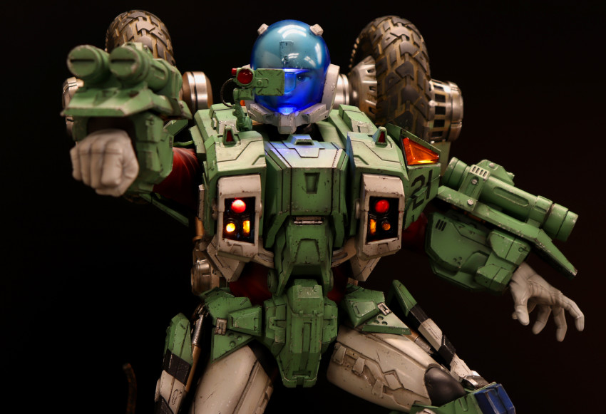 1boy 3d absurdres aiming aiming_at_viewer armor blurry blurry_foreground body_armor cable commentary damaged dirty english_commentary gloves helmet highres kikou_souseiki_mospeada lights lun7792 machinery mecha missile_pod mospeada mospeada_(mecha) original power_armor realistic redesign robot robotech rocket_launcher science_fiction scope shield spacesuit stick_bernard unused_tire upper_body weapon