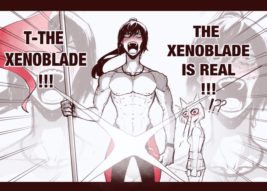 !? 1boy 1girl abs animal_ears aroused_nosebleed bikini bikini_skirt black_jammers black_male_swimwear blood blush cat_ears cowboy_shot english_text flag highres jammers lens_flare light_censor lotion male_swimwear meme mio_(xenoblade) multicolored_jammers multicolored_male_swimwear muscular muscular_male noah_(xenoblade) nosebleed nyantcha official_alternate_costume one_piece open_mouth parody pectorals ponytail red_jammers red_male_swimwear speech_bubble spit_take spitting squeezing sunscreen swimsuit the_one_piece_is_real_(meme) topless_male xenoblade_chronicles_(series) xenoblade_chronicles_3