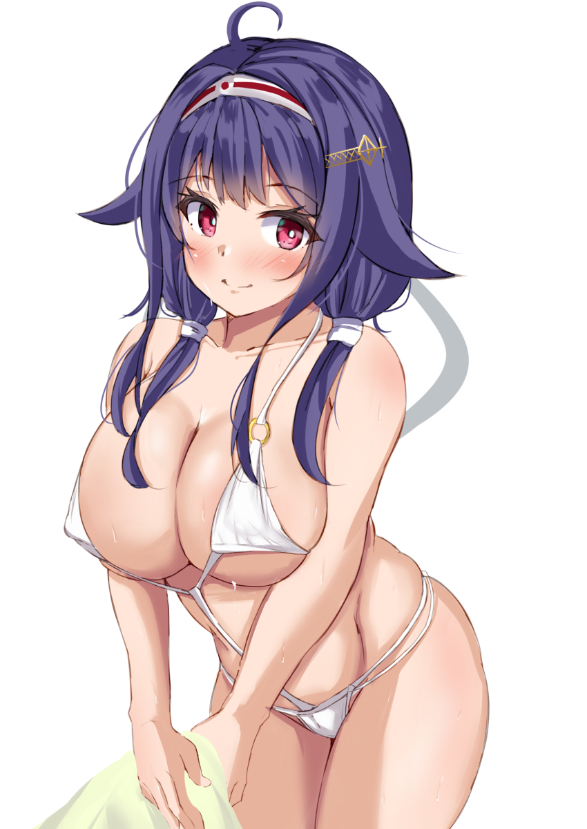 1girl absurdres ahoge alternate_costume bikini breasts cleavage cowboy_shot hair_flaps hair_ornament hairband hairclip highres kantai_collection large_breasts looking_at_viewer low_twintails purple_hair red_eyes ryuuhou_(kancolle) ryuuhou_kai_ni_(kancolle) sakura_ab simple_background smile solo standing swimsuit taigei_(kancolle) twintails white_background white_bikini