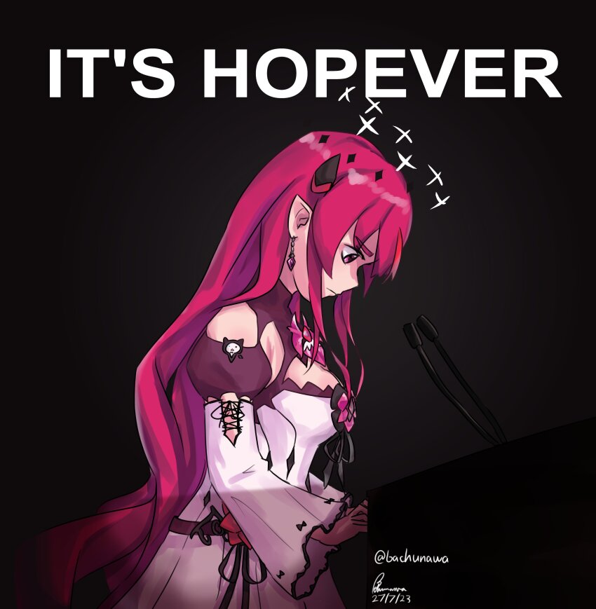 1girl absurdres artist_name bachunawa black_background breasts commentary dated detached_sleeves english_commentary english_text from_side frown halo highres hololive hololive_english horns irys_(irys_2.0)_(hololive) irys_(hololive) it&#039;s_joever_(meme) lectern long_hair looking_down medium_breasts meme microphone multicolored_hair pink_eyes pointy_ears profile pun purple_hair red_hair signature simple_background solo standing star_halo twitter_username upper_body very_long_hair virtual_youtuber wide_sleeves