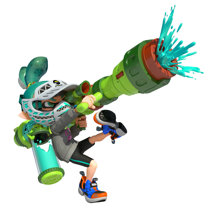 1boy 3d aiming bike_shorts blue_eyes blue_hair dynamic_pose eye_mask firing full_body gradient_hair grey_sweater highres holding holding_weapon ink_tank_(splatoon) inkling inkling_boy inkling_player_character inkzooka_(splatoon) looking_ahead mask multicolored_hair nintendo official_art orange_shoes paintball_mask pit_(splatoon) shoes sneakers solo splatoon_(series) splatoon_1 spotted_hair suction_cups sweater tentacle_hair thick_eyebrows transparent_background two-tone_hair v-shaped_eyebrows weapon
