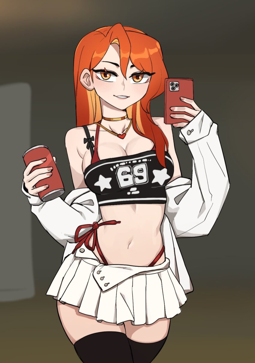 1girl bare_shoulders black_thighhighs breasts brown_background brown_choker can cellphone choker cleavage clothes_down clothes_writing commentary cowboy_shot crop_top english_commentary grin heart heart_necklace highres holding holding_can holding_phone hyyun_ho jacket jewelry june_(hyyun_ho) long_hair long_sleeves looking_at_viewer medium_breasts midriff navel necklace orange_eyes orange_hair original panty_straps phone pleated_skirt skirt smartphone smile solo stomach thighhighs white_jacket white_skirt