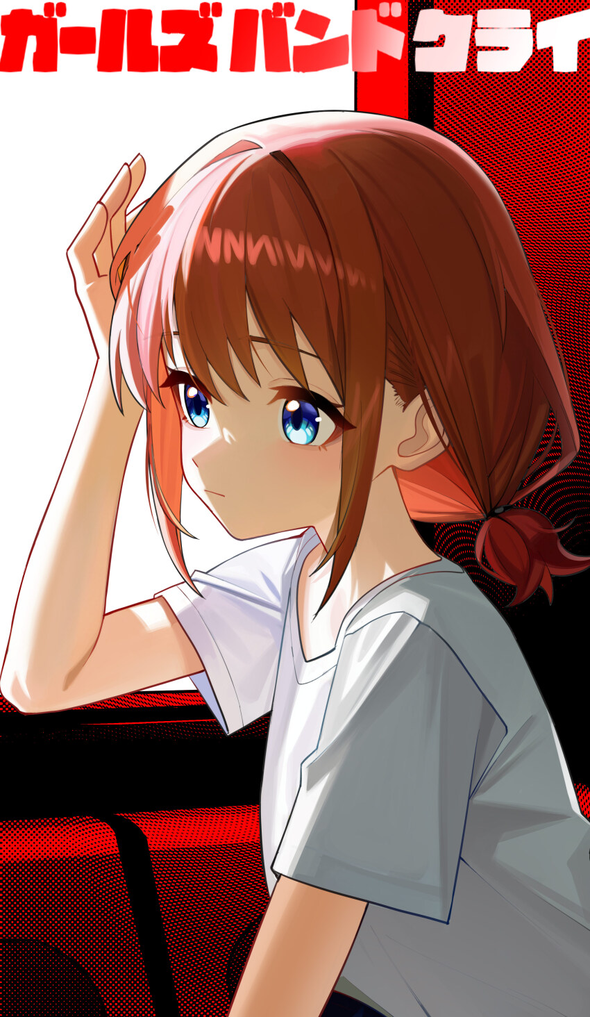 1girl absurdres blue_eyes brown_hair closed_mouth girls_band_cry hair_intakes hand_up highres iseri_nina low_twintails shirt short_hair short_sleeves short_twintails solo translation_request twintails upper_body white_shirt yueyueyue_yao