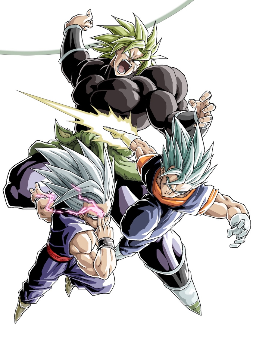 3boys aura black_bodysuit blue_eyes blue_hair blue_pants blue_shirt bodysuit boots broly_(dragon_ball_super) brown_footwear dougi dragon_ball dragon_ball_super dragon_ball_super_broly dragon_ball_super_super_hero electricity energy energy_sword finger_on_forehead gloves gohan_beast green_hair highres legendary_super_saiyan makankousappou medium_hair multiple_boys muscular muscular_male n_(n14542698) no_pupils orange_shirt orange_undershirt pants purple_pants purple_shirt red_eyes red_sash sash scar scar_on_face shirt simple_background smirk son_gohan spiked_hair super_saiyan super_saiyan_blue sword vegetto weapon white_background white_footwear white_gloves white_hair