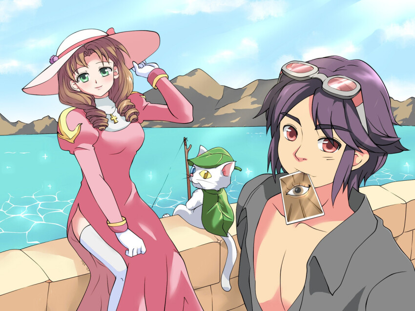1boy 1girl alternate_color black_shirt blacksmith_(ragnarok_online) blush breasts brick_wall brown_hair card_in_mouth cat closed_mouth collared_shirt commentary commentary_request cross cross_necklace dress drill_hair english_commentary feet_out_of_frame fishing gloves goggles goggles_on_head green_eyes hat heterochromia ibugz jewelry juliet_sleeves lake leaf leaf_cat long_hair long_sleeves looking_at_viewer medium_breasts mountainous_horizon mouth_hold necklace pink_hat priest_(ragnarok_online) puffy_sleeves purple_hair ragnarok_online red_dress red_eyes shirt short_hair sitting smile sun_hat thighhighs twin_drills water white_cat white_gloves white_thighhighs