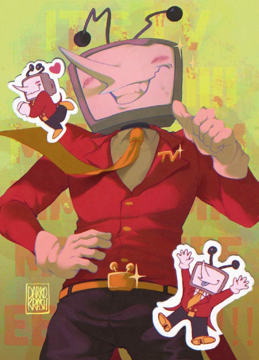 1boy ant_tenna artist_name belt belt_buckle black_pants blush buckle chibi chibi_inset collared_shirt commentary crt darkokrash deltarune english_commentary fang gloves grin hand_on_own_stomach highres male_focus object_head outline pants shirt shoes signature smile sparkle tailcoat teeth white_gloves white_outline white_shirt yellow_belt yellow_shoes