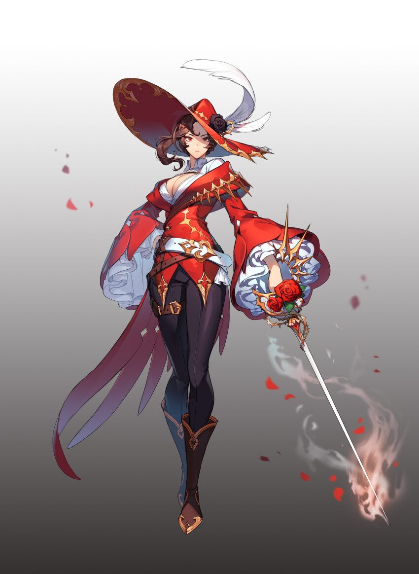 1girl absurdres asymmetrical_cape asymmetrical_sidelocks belt black_boots black_flower black_leggings black_rose boots breasts brown_belt brown_hair buttons cape cavalier_hat cleavage closed_mouth collared_shirt crossed_belts crossed_legs dress_shirt falling_petals fire flaming_weapon flower frilled_sleeves frills full_body gold_trim gradient_background grey_background hand_on_own_hip hat hat_feather hat_flower high_collar highres holding holding_sword holding_weapon ichiri jacket large_breasts leggings long_sleeves looking_ahead multiple_belts off-shoulder_jacket off_shoulder original oversized_hat petals pleated_sleeves rapier red_eyes red_flower red_hat red_jacket red_petals red_rose rose serious shirt short_hair_with_long_locks side_part single_sidelock solo standing sword thigh_belt thigh_strap tsurime watson_cross weapon white_belt white_shirt wide_sleeves wind