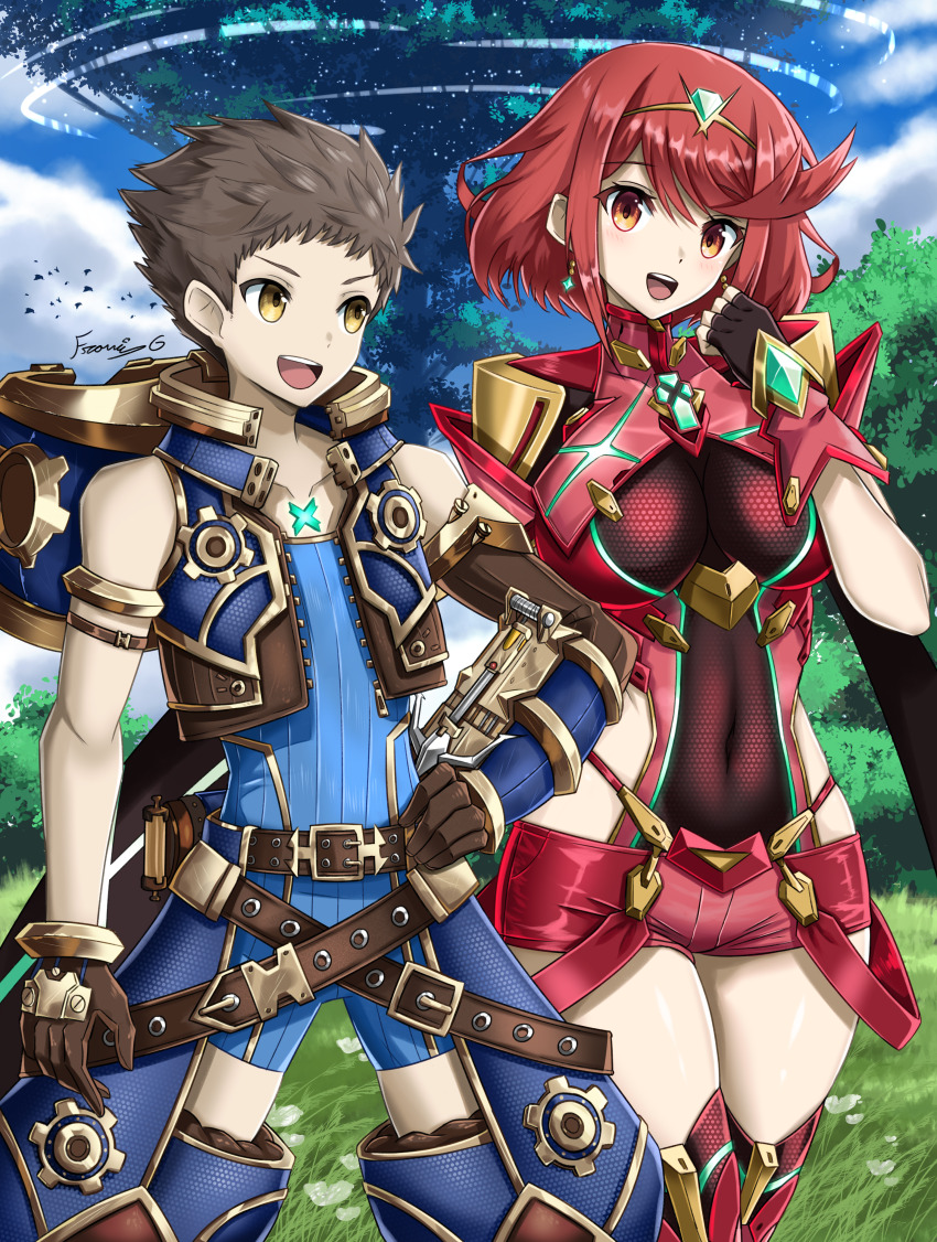 1boy 1girl absurdres armor bob_cut breasts brown_eyes brown_hair chest_jewel covered_navel earrings fgsketch fingerless_gloves floating_earring gloves highres impossible_clothes jewelry large_breasts open_mouth pyra_(xenoblade) red_eyes red_hair red_shorts red_thighhighs rex_(xenoblade) short_hair short_shorts shorts shoulder_armor swept_bangs thighhighs tiara xenoblade_chronicles_(series) xenoblade_chronicles_2