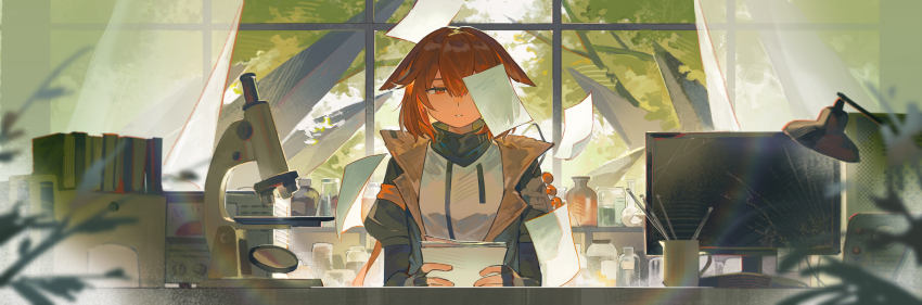 1girl absurdres animal_ears arknights armband beaker black_gloves black_jacket chinese_commentary commentary_request crownslayer_(arknights) cup curtains damaged day desk dopperu_ben fingerless_gloves gloves hair_between_eyes half-closed_eye highres holding holding_paper indoors jacket laboratory lamp looking_at_viewer microscope monitor one_eye_covered open_clothes open_jacket orange_armband orange_eyes orange_hair paper parted_lips solo upper_body wind window